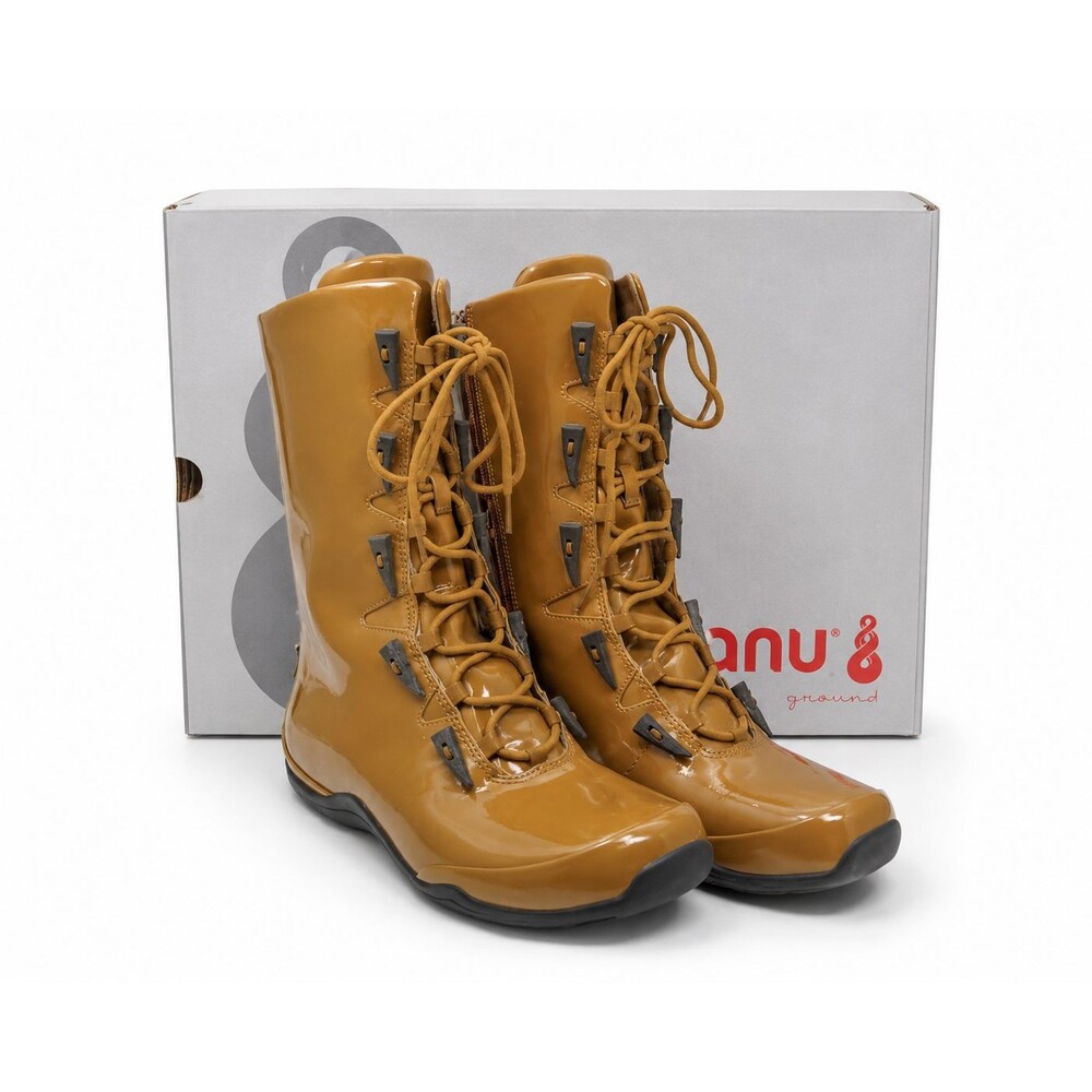 Ahnu Womens Patent Leather Boots Shoes Brown Side Zip Lace Up Size 9